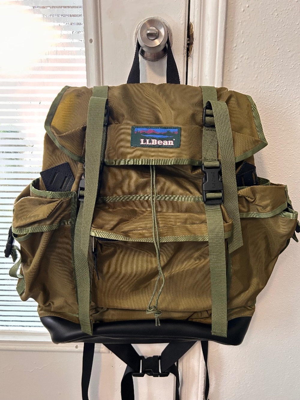 LL Bean Continental vintage 90s green nylon leather base military backpack